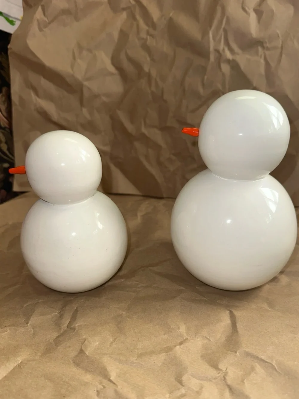 West Elm White glass/Lacquer 5” & 6”Snowman Figurines - Set of 2